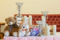 Wedding decoration with sweets, toy bears, rings and candlestic Royalty Free Stock Photo