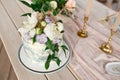 Wedding decoration table in the garden, floral arrangement, In the style vintage on outdoor. Wedding cake with flowers. Decorated Royalty Free Stock Photo