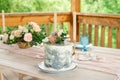 Wedding decoration table in the garden, floral arrangement, In the style vintage on outdoor. Wedding cake with flowers Royalty Free Stock Photo
