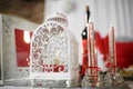 Wedding decoration. Table set for an romantic dinner or reception Royalty Free Stock Photo