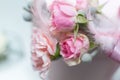 Wedding decorations. Decoration of holidays with fresh flowers. Pink roses and carnations Royalty Free Stock Photo