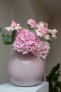 Wedding decorations. Holiday decoration vase with fresh flowers. Pink roses and carnations Royalty Free Stock Photo