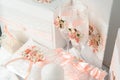 Wedding decoraton: complimentary, boxes, glasses in white-orange color Royalty Free Stock Photo