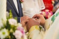 Priest putting the ring on groom's finger Royalty Free Stock Photo