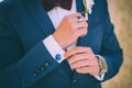 Wedding details, cufflinks, elegant male suit Royalty Free Stock Photo