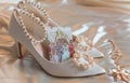 Wedding details of women wardrobe. Tarot cards in shoe