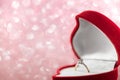 Wedding diamond ring in red heart shaped gift box Royalty Free Stock Photo