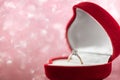 Wedding diamond ring in red heart shaped gift box Royalty Free Stock Photo