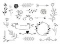 Wedding doodle elements vector. Vintage swirl element. Leaves branch, floral frames,