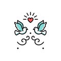 Wedding doves Love birds icons. Wedding couple signs, Valentines day line symbols, Vector illustration