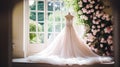 Wedding drees, bridal gown style and bespoke fashion, full-legth white tailored ball gown in showroom, tailor fitting, beauty and