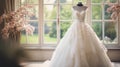 Wedding drees, bridal gown style and bespoke fashion, full-legth white tailored ball gown in showroom, tailor fitting, beauty and