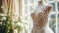 Wedding drees, bridal gown style and bespoke fashion, white tailored ball gown in showroom, tailor fitting, beauty and wedding
