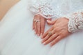 Wedding dress and bride's hands ring