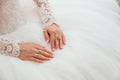 Wedding dress and bride's hands ring