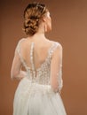 Wedding dress closeup. Rear view with tender french lace, long sleeves, white fabric-covered buttons. Royalty Free Stock Photo