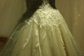 Wedding dress with embroidered lace detailed view.
