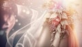 wedding dress with flowers. Romantic bridal bouquet. Dreamy pinks and creams. Lace satin silk veil.