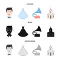 Wedding dress, groom, gramophone, church. Wedding set collection icons in cartoon,black,monochrome style vector symbol