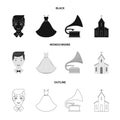 Wedding dress, groom, gramophone, church. Wedding set collection icons in black,monochrome,outline style vector symbol