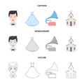 Wedding dress, groom, gramophone, church. Wedding set collection icons in cartoon,outline,monochrome style vector symbol