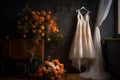 Wedding dress hang on stick wall. Generate AI Royalty Free Stock Photo