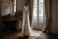 A Wedding Dress Hanging On A Hanger In A Charming Parisian Apartment With Ornate Details And Romantic Touches. Generative AI