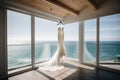 A Wedding Dress Hanging On A Hanger In A Contemporary Beach House With Floor. Generative AI