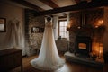 A Wedding Dress Hanging On A Hanger In A Cozy Cottage With A Fireplace And Warm Lighting. Generative AI