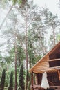 Wedding dress hangs on the wooden wall in forest Royalty Free Stock Photo