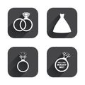 Wedding dress icon. Bride and groom rings symbol