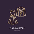 Wedding dress, men suit icon, clothing shop line logo. Flat sign for apparel collection. Logotype for laundry, dry Royalty Free Stock Photo