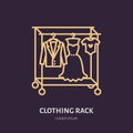 Wedding dress, men suit, kids clothes on hanger icon, clothing rack line logo. Flat sign for apparel collection Royalty Free Stock Photo