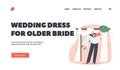 Wedding Dress for Older Bride Landing Page Template. Aged Groom Holding Bride on Hands under Floral Arch during Wedding