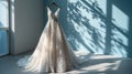 Wedding dress on salon room background. Bridal silver gown. Front view of stylish white dress for wedding day. Beautiful clothes Royalty Free Stock Photo