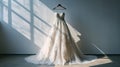 Wedding dress on salon room background. Bridal silver gown. Front view of stylish white dress for wedding day. Beautiful clothes