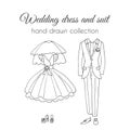 Wedding dress and suit illustration. Sketchy style. Hand drawn bride and groom ceremony wear design Royalty Free Stock Photo