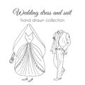 Wedding dress and suit illustration. Sketchy style. Hand drawn bride and groom ceremony wear design Royalty Free Stock Photo