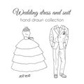 Wedding dress and suit illustration. Sketchy style. Hand drawn bride and groom ceremony wear design Royalty Free Stock Photo