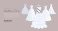 Wedding dresses on mannequin vector illustration. Fashion bride and bridesmaid wedding wear. White dress, accessories Royalty Free Stock Photo