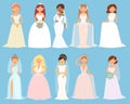 Wedding dresses on woman vector bride character and bridesmaid wearing white dressing accessories and bridal celebration