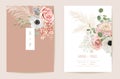 Wedding dried anemone, pampas grass, roses floral Save the Date set. Vector summer dry flowers boho invitation