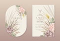 Wedding dried lunaria, rose, pampas grass floral vector card. Watercolor Exotic dried flowers, palm leaves boho