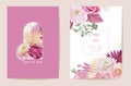 Wedding dried rose, dahlia, pampas grass floral Save the Date set. Vector exotic dry flower, palm leaves boho