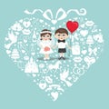 Wedding elements in hearts composition with baby bride and groom Royalty Free Stock Photo