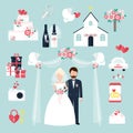 Wedding elements invitation celebration set flat anniversary romance decoration couple icons vector illustration Royalty Free Stock Photo