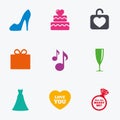 Wedding, engagement icons. Cake, gift box. Royalty Free Stock Photo