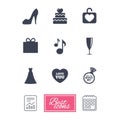 Wedding, engagement icons. Cake, gift box. Royalty Free Stock Photo