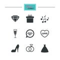 Wedding, engagement icons. Rings, gift box.