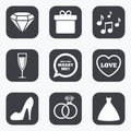 Wedding, engagement icons. Rings, gift box.